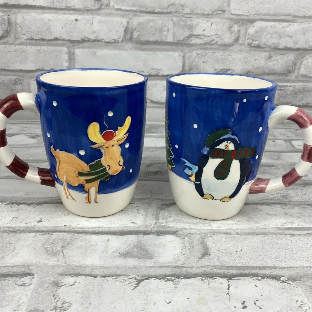 2 Reindeer Penguin Mug Christmas Striped Handle